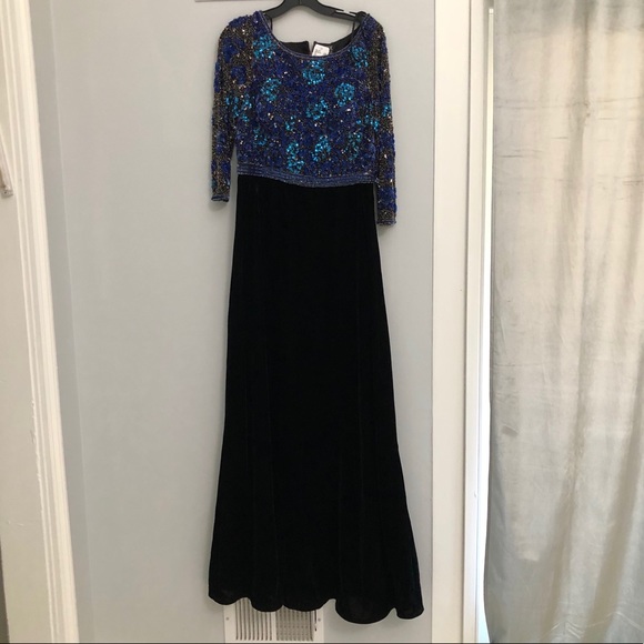 Basix Black Label Velvet Gown with Blue Beaded Top - Picture 2 of 8
